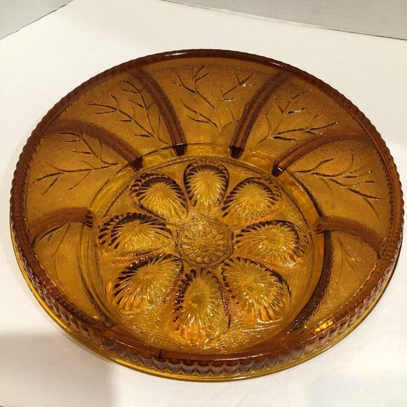 Indiana Glass Amber Glass Tree Of Life Relish And Egg Plate Platter Dish Vintage - Picture 5 of 7